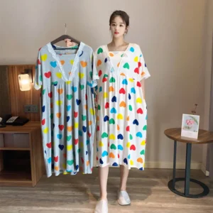 150kg Large Size Loose Home Dress Women Summer Ice Silk Nightdress Japanese Style V-neck Sweet Short Sleeve Pregnant Pajamas