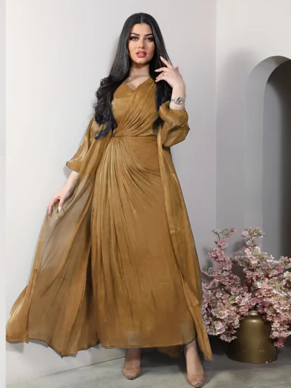 Morocco Party Dress Women Abaya 2 Piece Set Silky Satin Dubai Muslim Dresses Eid Caftan Evening Long Robe Vestidos Abayas Robe - Image 2