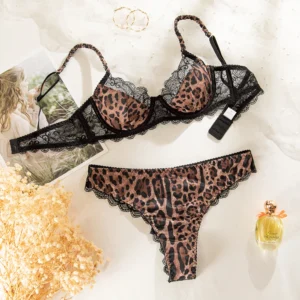 Yimunancy Leopard Print Bra Set Women Lace Patchwork Erotic Bra + Panty Underwear Set Sexy Intimates