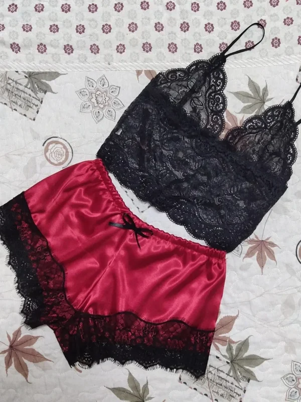 Lace Sleepwear Set for Women Sexy Transparent Sleeveless Tops Silk Shorts Pajamas Nightwear S-3XL Female Lingerie Sleep Wears - Image 3