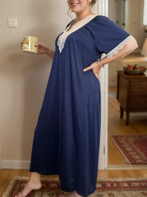 Plus Size Women's Sexy Summer Blue V-Neck Lace Nightdress - Soft Comfortable Pajama Dress for Sleepwear, Lounge Special Occasi - Image 3