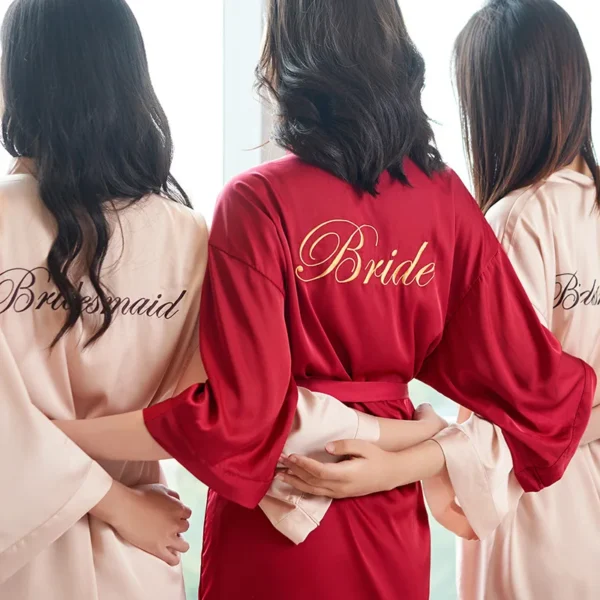 Bride Bridesmaid Morning Kimono Bathrobe Gown Embroidery Wedding Robe Nightgown Summer Female Nightdress Loose Satin Home Wear - Image 4