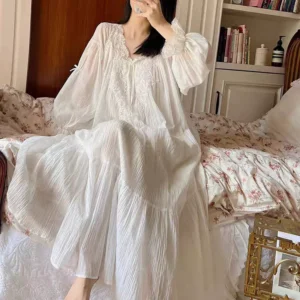 French Princess Style Cute Lace Nightgown Women's Spring Autumn Loose Home Clothes Dress Nightie Sleepwear Sexy Night Lingеrie