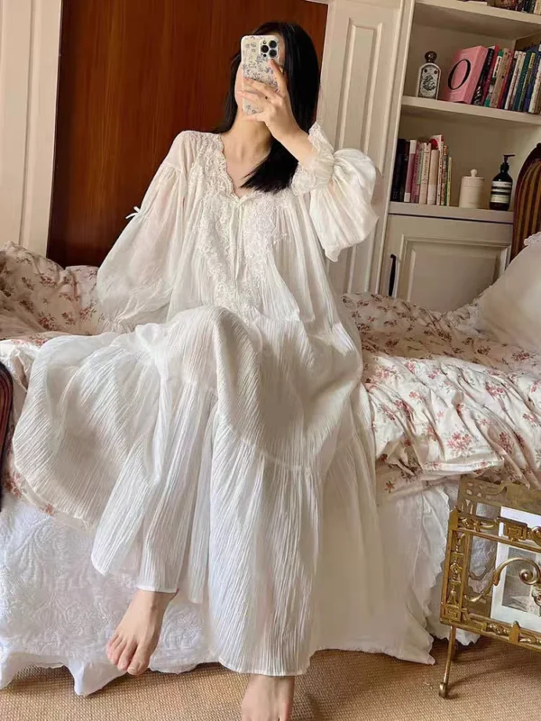 French Princess Style Cute Lace Nightgown Women's Spring Autumn Loose Home Clothes Dress Nightie Sleepwear Sexy Night Lingеrie