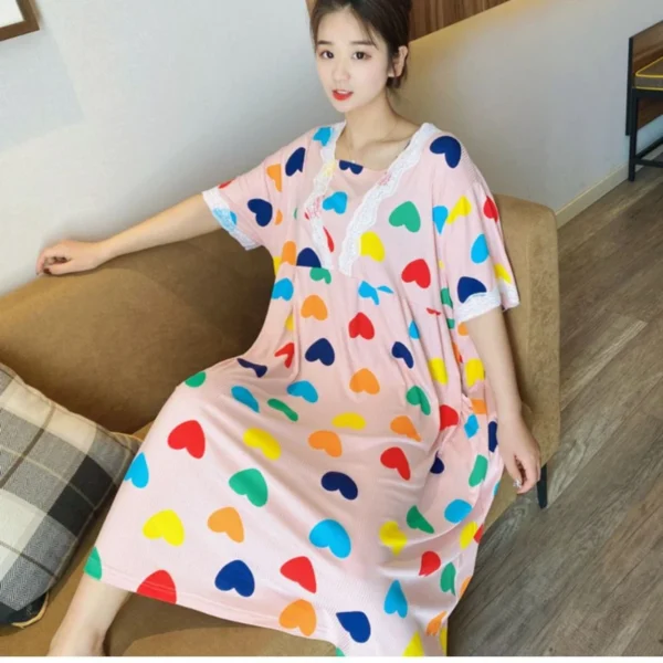 150kg Large Size Loose Home Dress Women Summer Ice Silk Nightdress Japanese Style V-neck Sweet Short Sleeve Pregnant Pajamas - Image 2