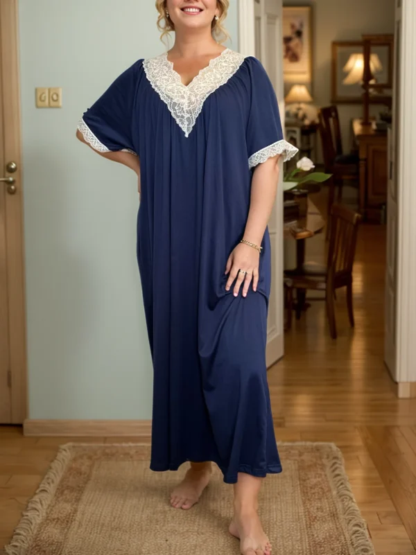 Plus Size Women's Sexy Summer Blue V-Neck Lace Nightdress - Soft Comfortable Pajama Dress for Sleepwear, Lounge Special Occasi - Image 2