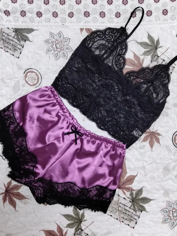 Lace Sleepwear Set for Women Sexy Transparent Sleeveless Tops Silk Shorts Pajamas Nightwear S-3XL Female Lingerie Sleep Wears - Image 5