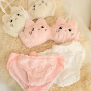 Women's Faux Furs Bra Top and Panty Set Cartoon Cats Underwear Set Soft Plush Lingerie Set Anime Cosplay Costumes Gifts