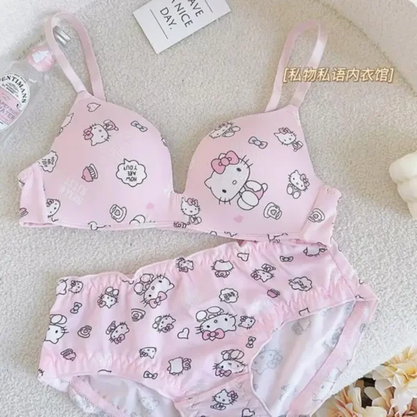 Sanrio Hello Kitty Kawaii Girl's Underwear Bra Set Sexy No Weir Push Up Lingerie Cartoon Print Summer Breathable Sweet Bra Gift - Image 3