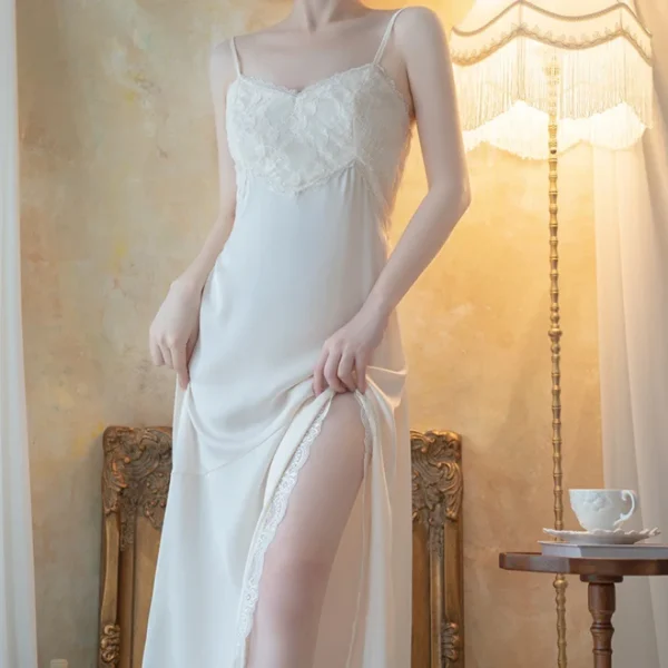 Sexy Patchwork Lace Nightgown Female Long 2PCS Robe Set Bathrobe Gown Court Style Princess Nightdress Sleepwear Satin Home Wear - Image 4