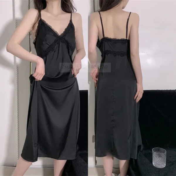 Elegant Female Nighty&Robe Set Long Bathrobe Nightgown Sexy Lace Trim Nightdress Sleepwear Spring Summer Silk Satin Home Wear - Image 3