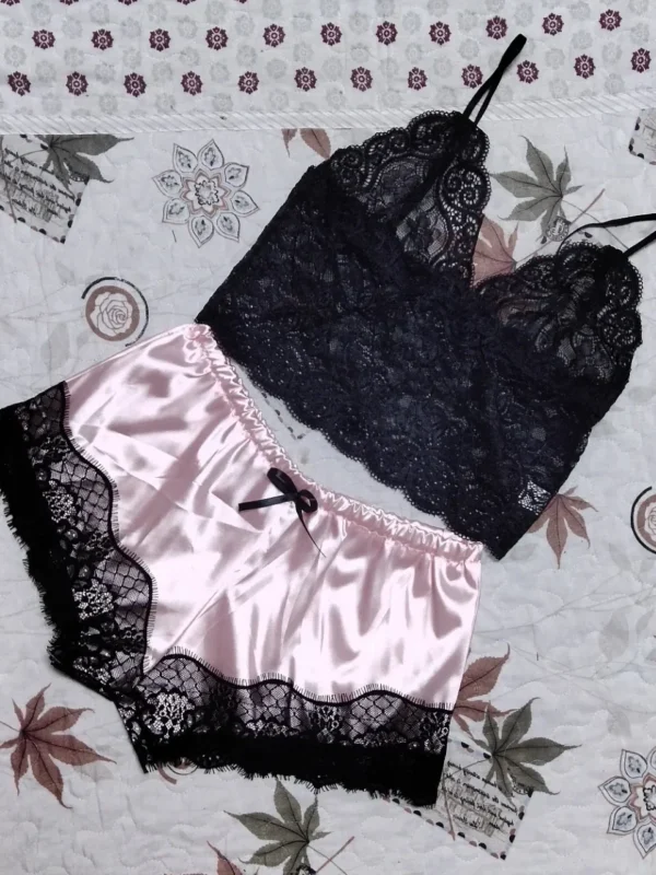 Lace Sleepwear Set for Women Sexy Transparent Sleeveless Tops Silk Shorts Pajamas Nightwear S-3XL Female Lingerie Sleep Wears - Image 2