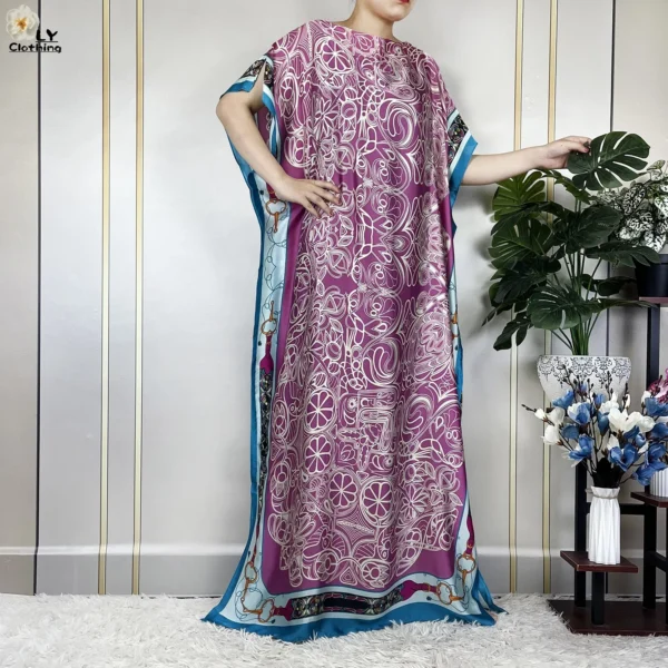 Muslim Abayas For Women 2023 New Fashion Printed Silk Soft Loose Femme Elegant Robe African Maxi Party Dresses With Belt Turban - Image 3
