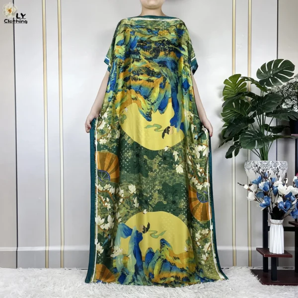 Muslim Abayas For Women 2023 New Fashion Printed Silk Soft Loose Femme Elegant Robe African Maxi Party Dresses With Belt Turban - Image 2