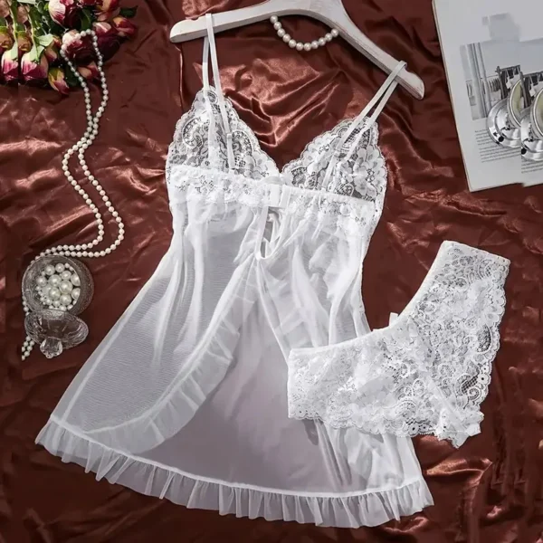 Transparent White Tulle Nightgown Halter Homewear Woman Pajama Set With Panties Plus Size Curve Dress Hot Adult Lingerie Pajamas - Image 2
