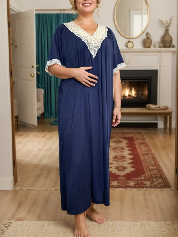 Plus Size Women's Sexy Summer Blue V-Neck Lace Nightdress - Soft Comfortable Pajama Dress for Sleepwear, Lounge Special Occasi