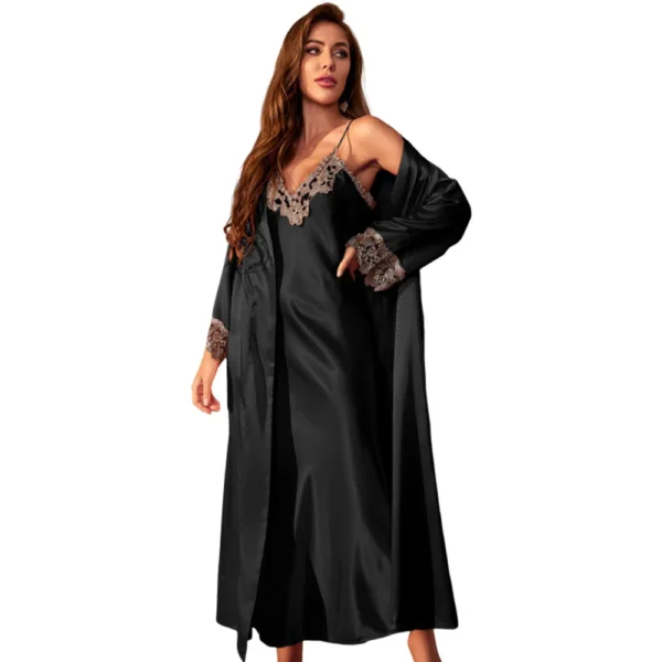 Female Long Twinset Robe Set Nightgown Spring Summer Kimono Bathrobe Gown Sexy Lace Trim Nightdress Satin Home Wear Loungewear - Image 6