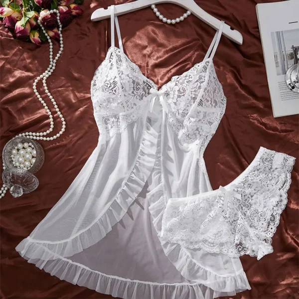 Transparent White Tulle Nightgown Halter Homewear Woman Pajama Set With Panties Plus Size Curve Dress Hot Adult Lingerie Pajamas