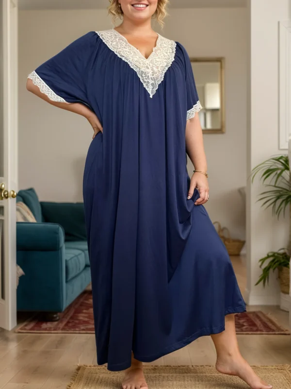 Plus Size Women's Sexy Summer Blue V-Neck Lace Nightdress - Soft Comfortable Pajama Dress for Sleepwear, Lounge Special Occasi - Image 5