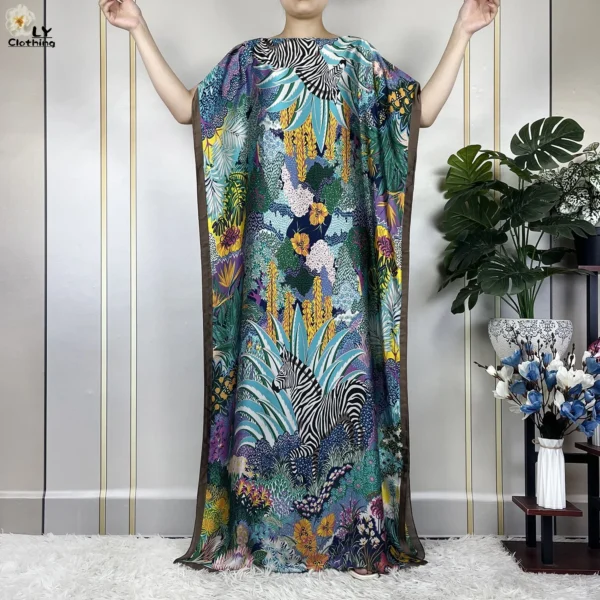 Muslim Abayas For Women 2023 New Fashion Printed Silk Soft Loose Femme Elegant Robe African Maxi Party Dresses With Belt Turban - Image 4