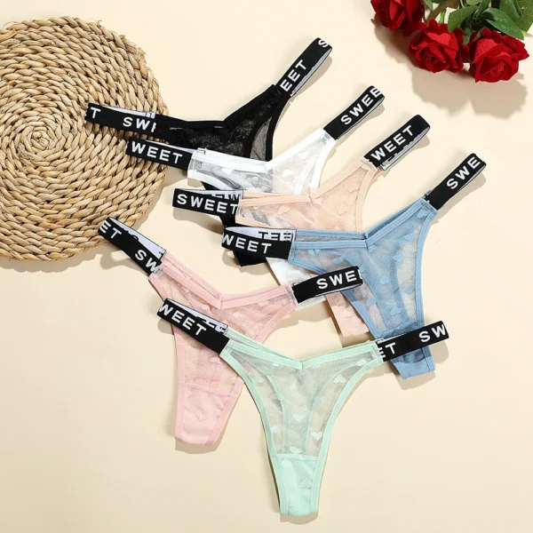 3pcs Sexy Low-rise Letter Belt Mesh Thong Panties Heart Designs S-L Solid Size Comfortable Women's Lingеrie