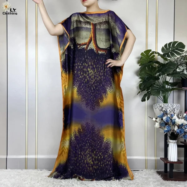 Muslim Abayas For Women 2023 New Fashion Printed Silk Soft Loose Femme Elegant Robe African Maxi Party Dresses With Belt Turban - Image 5