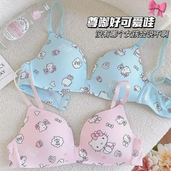 Sanrio Hello Kitty Kawaii Girl's Underwear Bra Set Sexy No Weir Push Up Lingerie Cartoon Print Summer Breathable Sweet Bra Gift