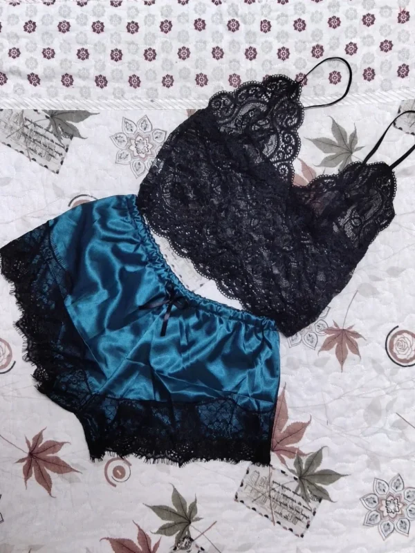 Lace Sleepwear Set for Women Sexy Transparent Sleeveless Tops Silk Shorts Pajamas Nightwear S-3XL Female Lingerie Sleep Wears - Image 6